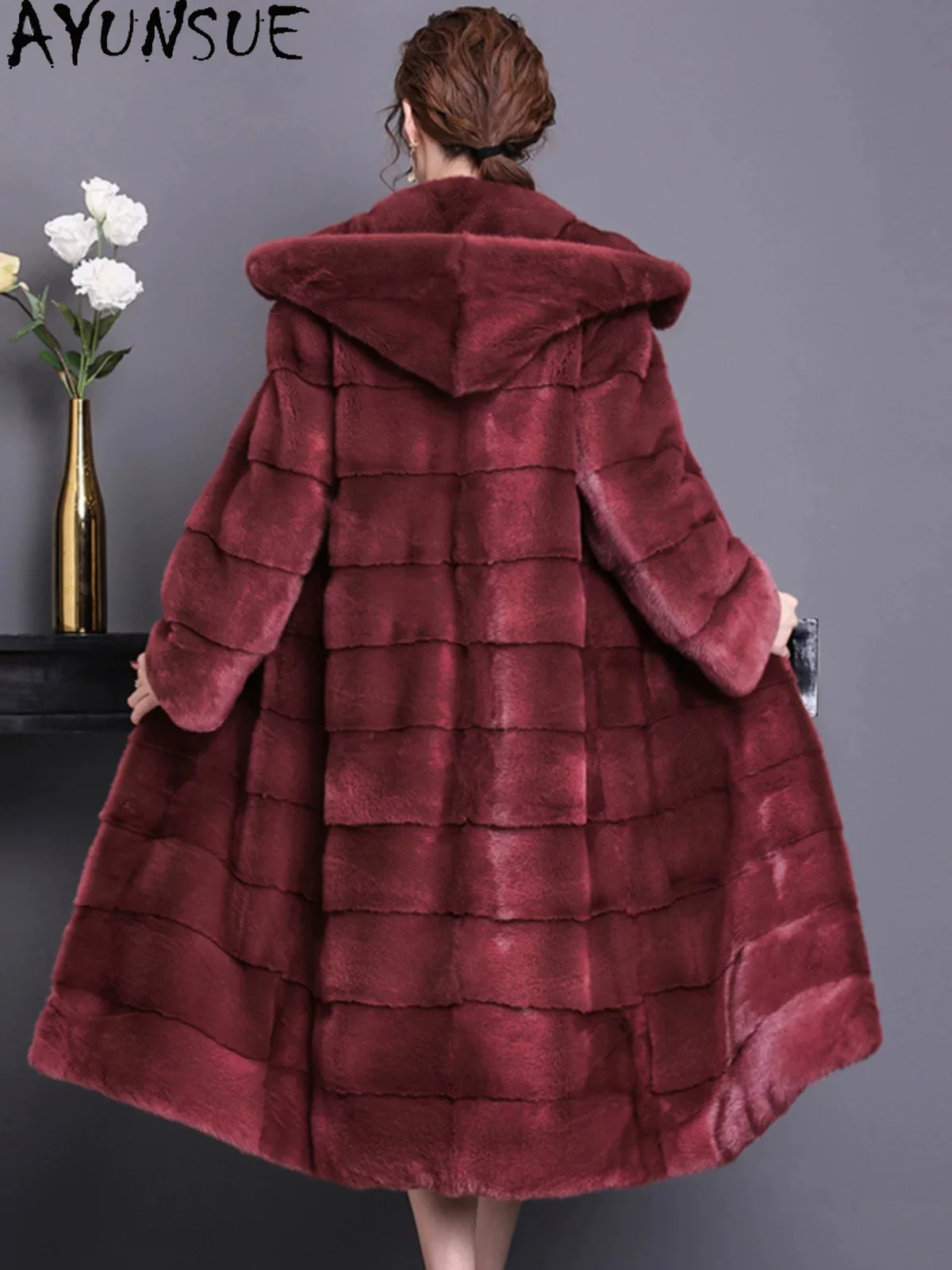 AYUNSUE 100% Whole Mink Coat Women Hoodie Real Fur Winter Clothing Natural Female Mink Womens Jackets Long 110cm معطف للنساء
