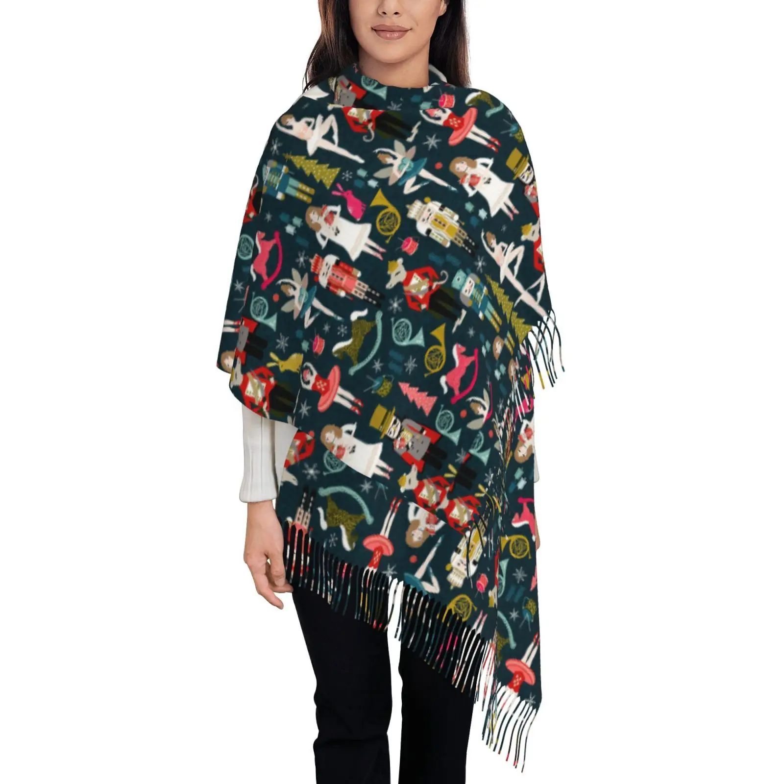 Women Vintage Wildflower Pattern Scarf, Soft Warm Tassel Shawl, Boho Floral Wrap for Autumn Daily & Travel