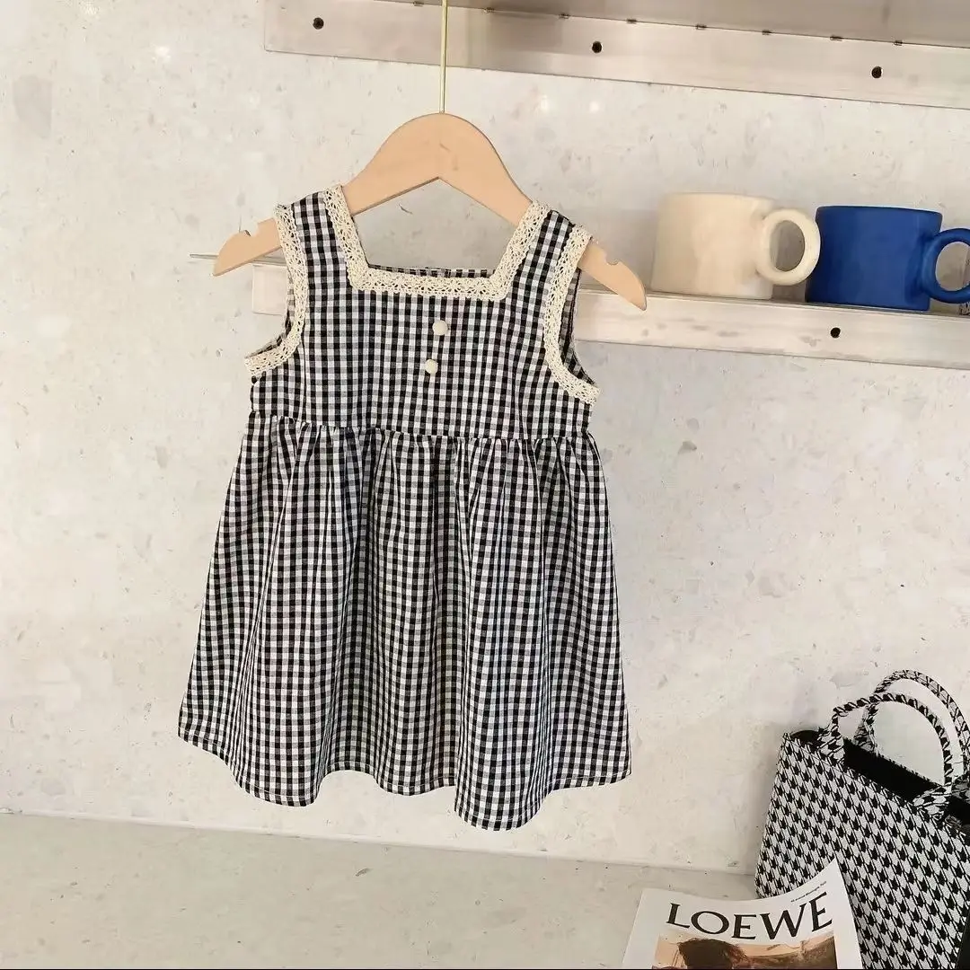 

Girls' Summer Dress New Fashionable Children's Checkered Dress Girl Baby Sleeveless Tank Top Skirt Thin Dress