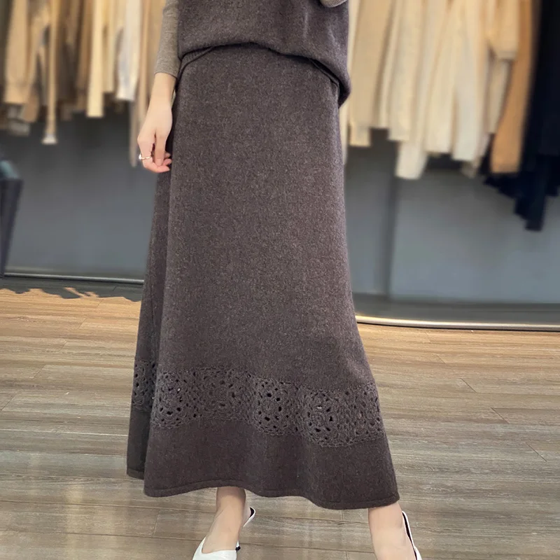 Women\'s Cashmere Knitted Skirt, Monochromatic, Hollow Hook, High Waist, A-line Skirt, Long Wool, Over the Knee, Autumn, Winter,