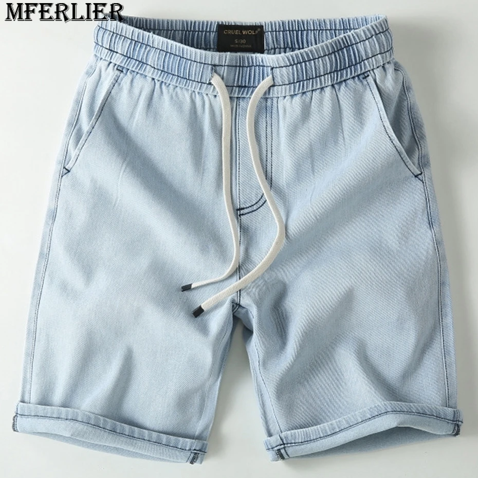 Denim Shorts Men Blue Jeans Shorts Fashion Casual Solid Color Jeans Shorts Male Elastic Waist Short Pants Summer