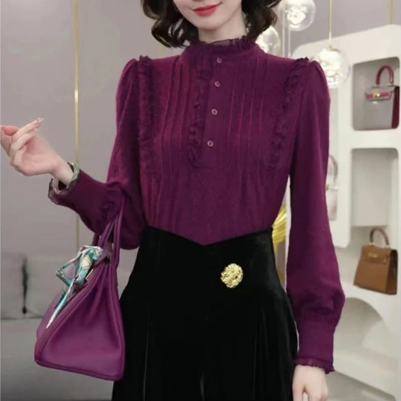 

Женские винтажные стильные кружевные лоскутные блузки с рюшами, офисные женские элегантные рубашки с воротником-стойкой, однотонные тонкие топы с длинными рукавами