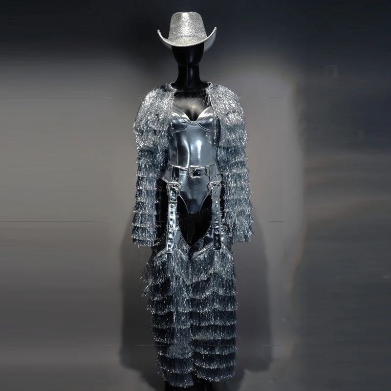 Bar Nightclub DJ DS Pole Dance Outfit Silver Laser Bodysuit Fringed Coat Legs Cover Women Gogo Costumes Stage Rave Wear XS10537