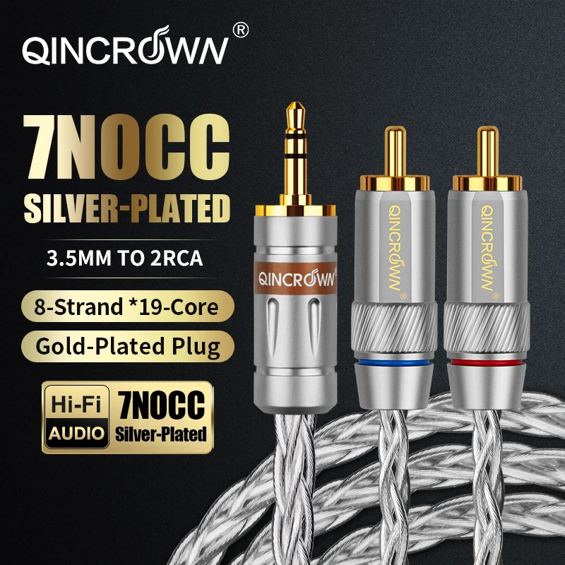 QINCROWN 7N Silver Plated OCC 3.5mm to RCA Y Cable, High End Audiophile Interconnect Wire for HiFi Player Amp DAC Turntable