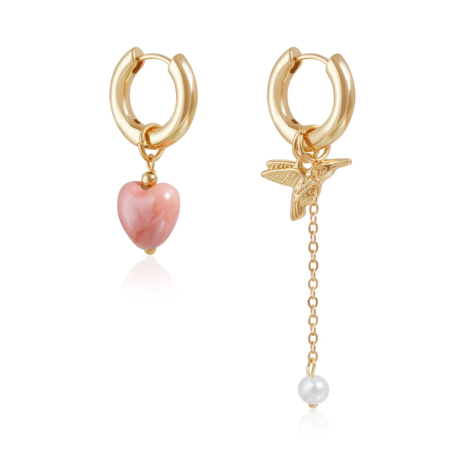 Retro New Trendy Geometric Stereo Pink Heart-shaped Bird Pearl Tassel Asymmetrical Dangle Earrings for Women Jewelry Accessory