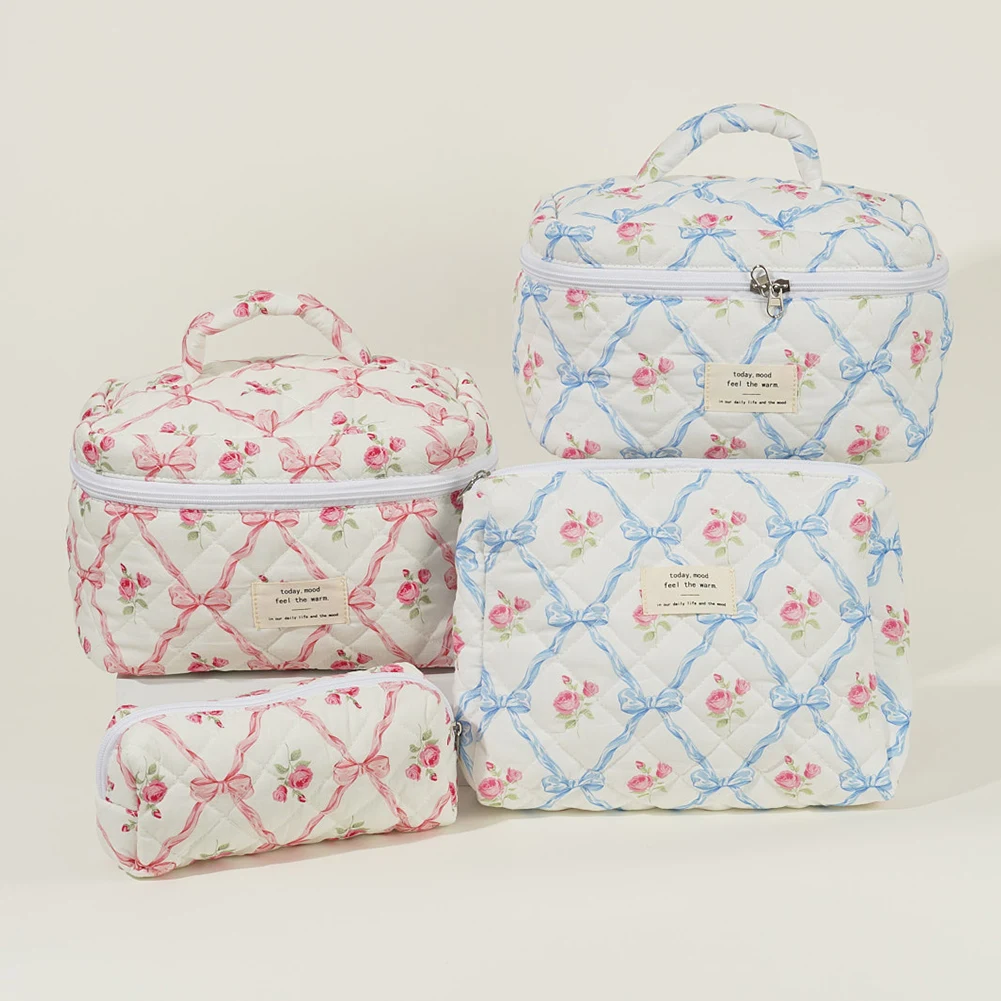

3Pcs Makeup Bag Set Cosmetic Organizer Bag Large Capacity Quilted Makeup Storage Bag Aesthetic Cotton for Travel Vacation
