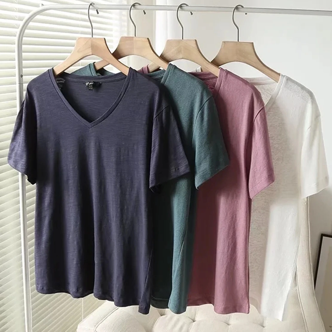 

Withered 2024 Indie Folk Simple Cotton Linen Fashion V-neck Summer Tshirt Women Short Sleeve Casual Tops