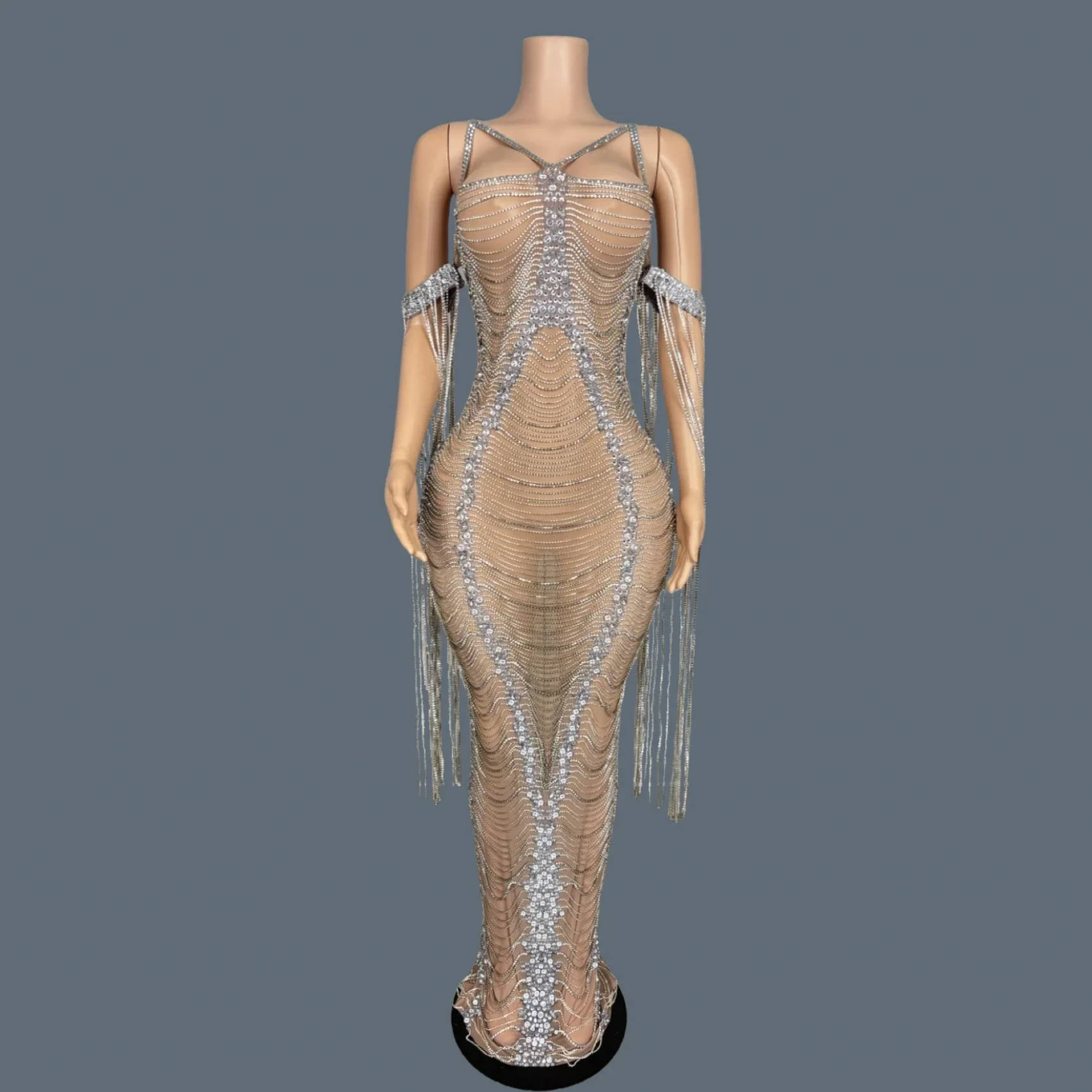 High-end cristais de luxo borla vestido de noite pura malha apertado encaixe vestido longo festival celebrar baile de formatura outfit club wear xiliu