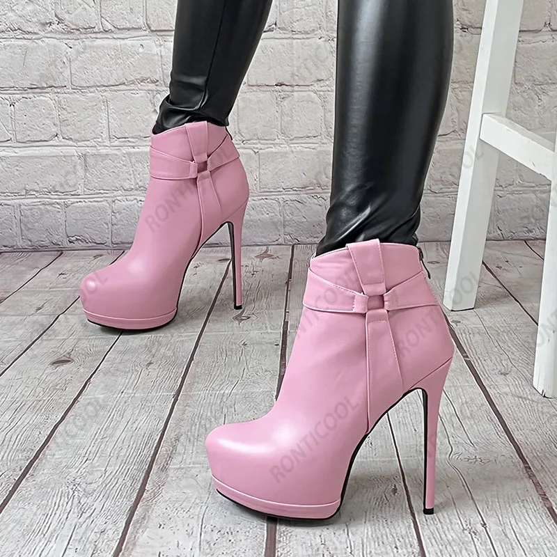 

Ronticool Women Platform Ankle Boots Back Zipper Stiletto High Heels Round Toe Elegant Black Party Shoes Plus US Size 5-20