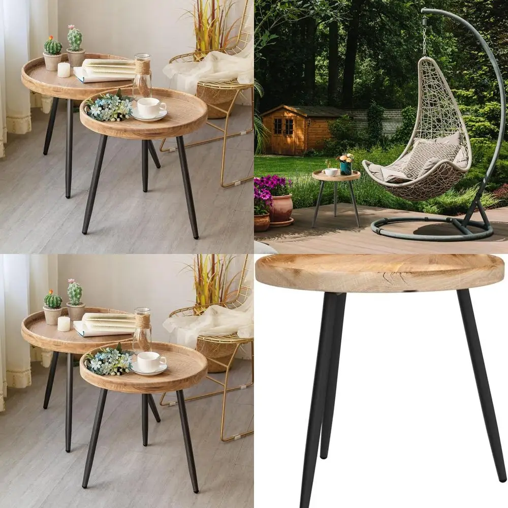 

Black Metal Stand Wooden Tray End Table, Suitable for Indoor/Outdoor Use, Ideal for Living Room, Bedroom, and Office Spaces