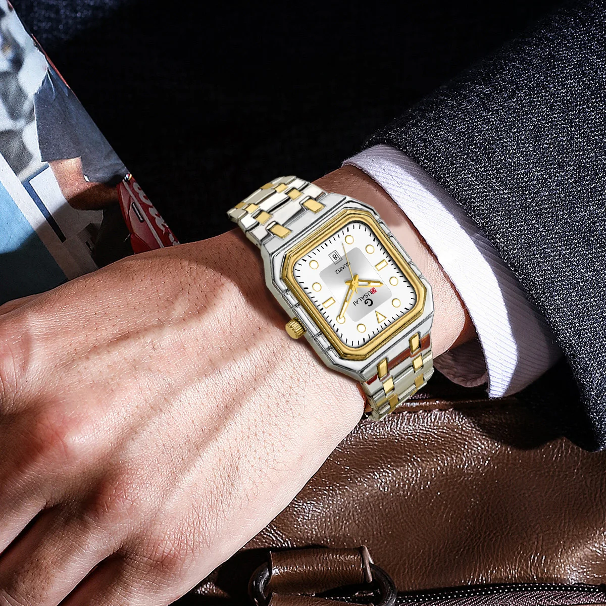 2025 신상 남성용 시계 사각형 고급 골드 스테인리스 스틸 캐주얼 비즈니스 스타일 오리지널 쿼츠 무브먼트 시뮬레이션 캘린더 시계