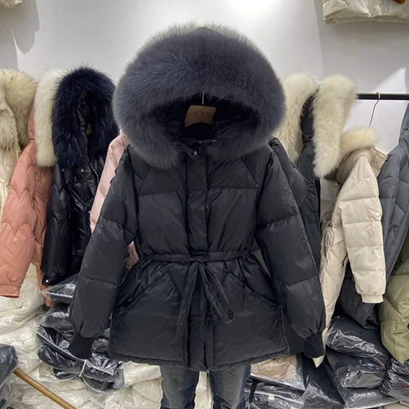 2025 Winter Women\'s Down Jackets Ultra Light Warm Coat Female Jacket Woman With a Belt Hooded Parka Big Fur Collar Overcoat