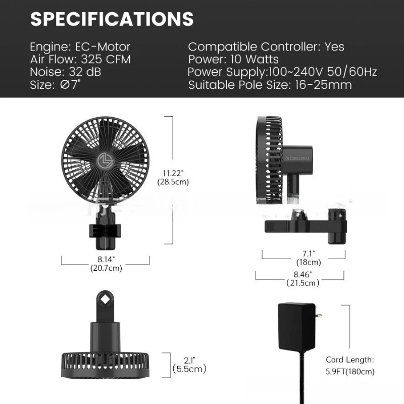EC motor intelligent control 7-inch private mold clip fan for planting tents, hydroponic dormitory, camping