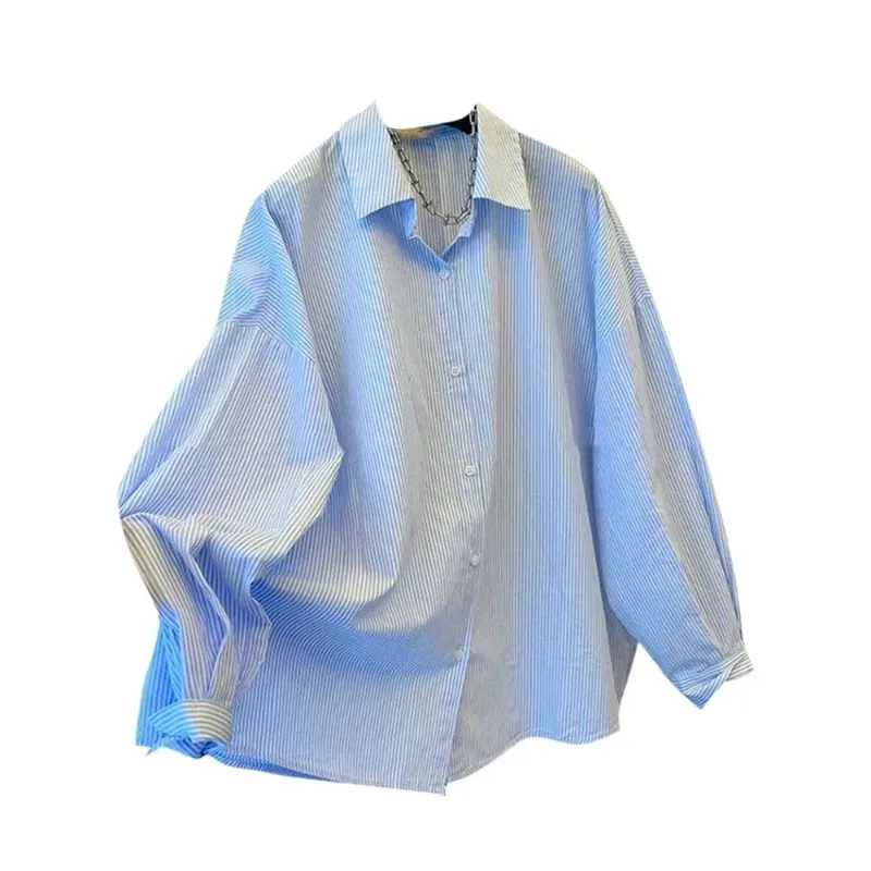 Fashionable Lazy Style Back Slit Striped Shirt Jacket Women's Autumn French Loose Chic Top