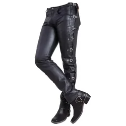 Black Matte Faux Leather Men's Pencil Pants Vintage PU Slim Casual Male Straight Trousers Chic Bodycon Splicing Pant New Custom