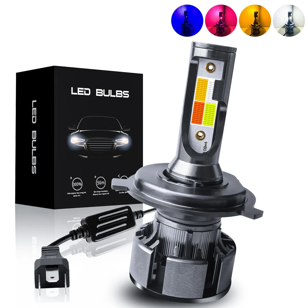 

H4 LED Headlight Bulbs 12V 20W 4 Colors White Yellow Blue Red Hi Lo Beam Car Light Retrofit