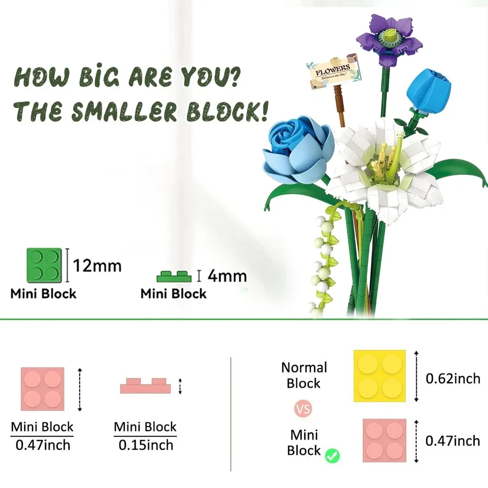 Kit de construção de flores para adultos, 488 peças de blocos de construção de flores, mini tijolos de construção de flores artificiais para presentes/decoração de casa