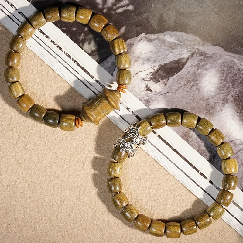 Green Sandalwood Single-Loop DIY Cultural Craft , Buddhist Bead , Unisex Pixiu Accessory, Gourd Wooden Bracelet,