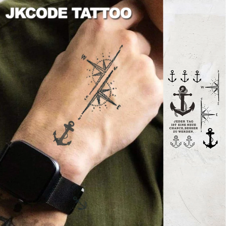 Herbal tattoo with a nautical theme in a cool style - sketch tattoo with a ship hook and compass pattern - casual design for men and women, suitable for hands, neck, and head - long-lasting and waterproof for 15 days