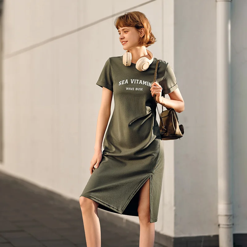 Semir Dress Women Vintage Casual Midi Dress 2024 Summer New Letter Print Split T-Shirt Dress