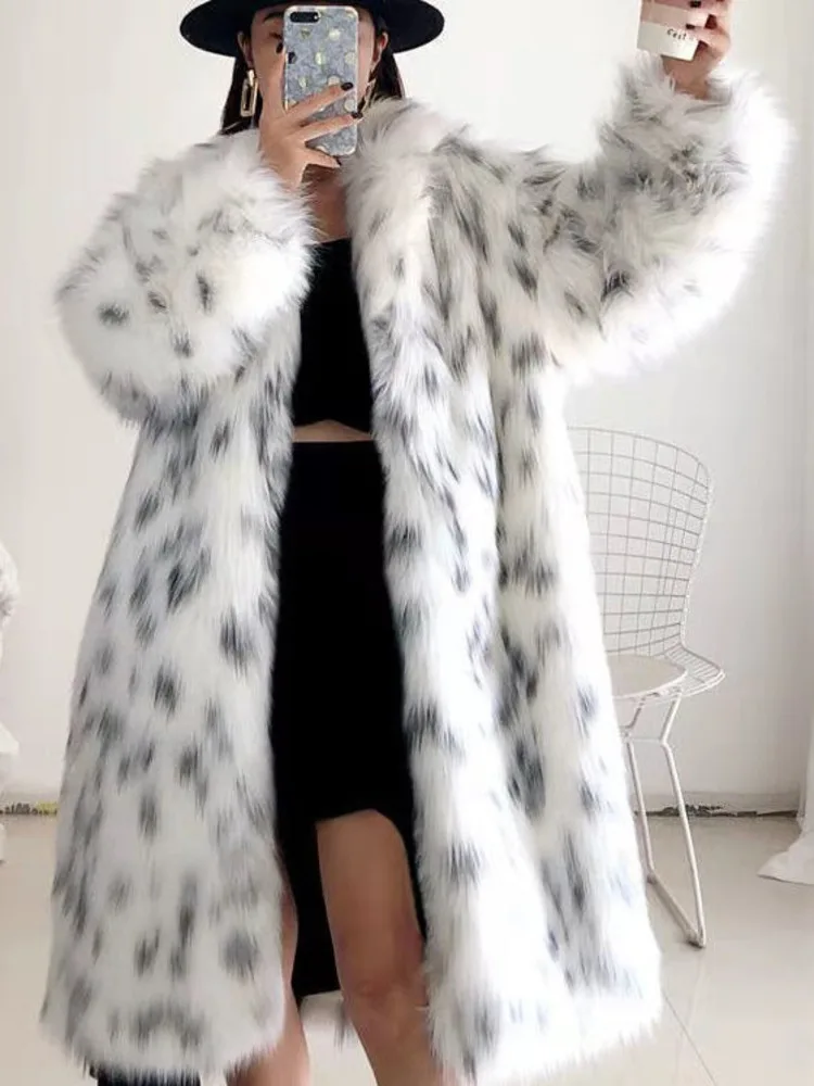 ZMEENNA Stylish Women's White Faux Fur Long Coat With Black Spot Print Warm Winter Outerwear Trendy Oversized Jacket ZM3514