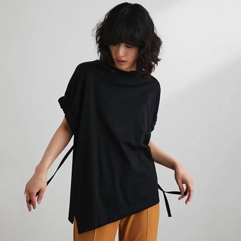 

Gagarich Summer New Trendy Women Top Loose Side Split Tie Elastic Short Sleeve T-shirt Solid Color Hoodie