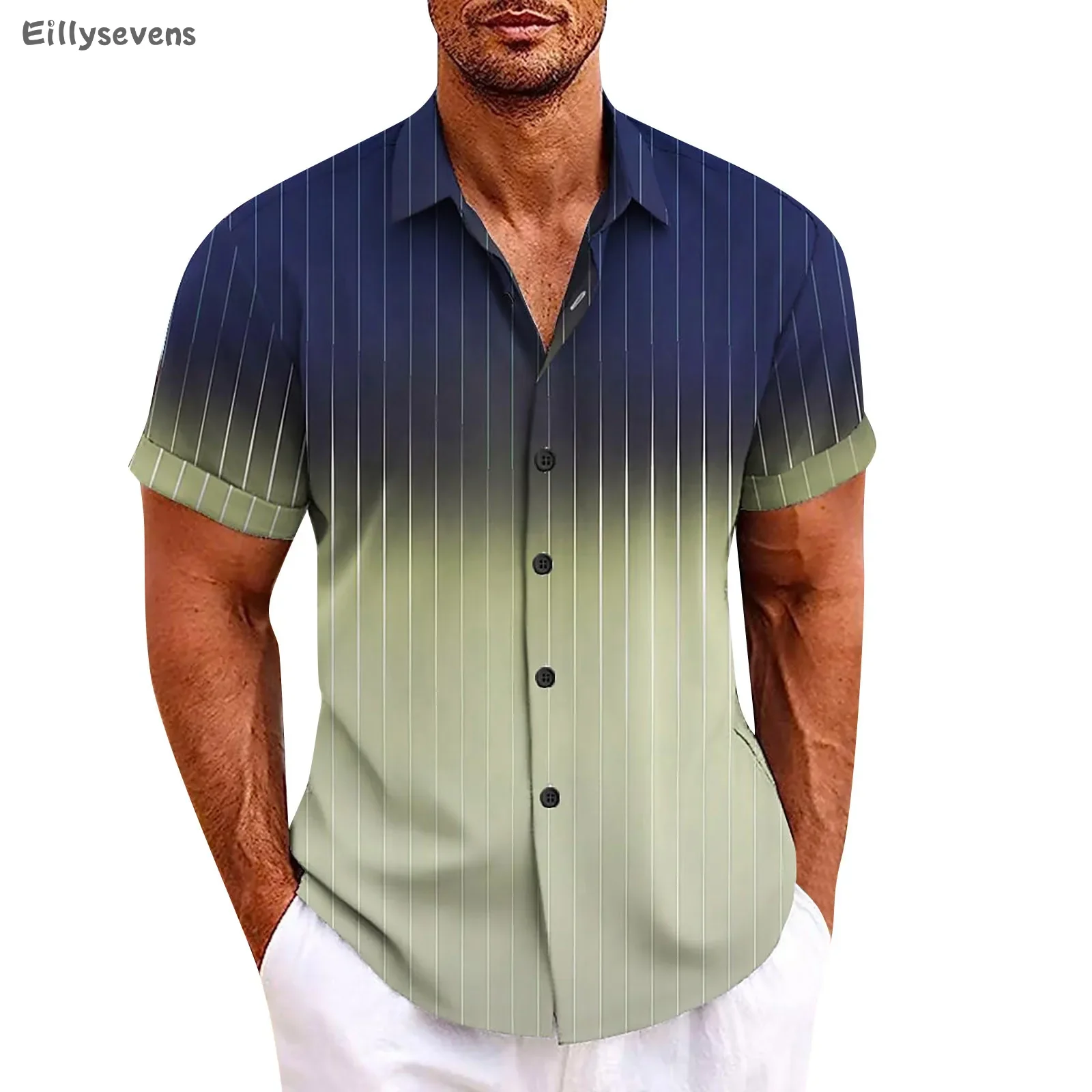 

Men's Gradient Shirt Hawaiian blouse For Men Vintage personality Button Stripes top Short Sleeve Summer Beach Shirt ropa hombre