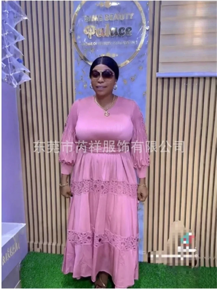 

Miyake Pleated New French Fashion Lace Splicing Dress Solid Color Round Neck Lantern Sleeve Loose Dress Women's Clothing