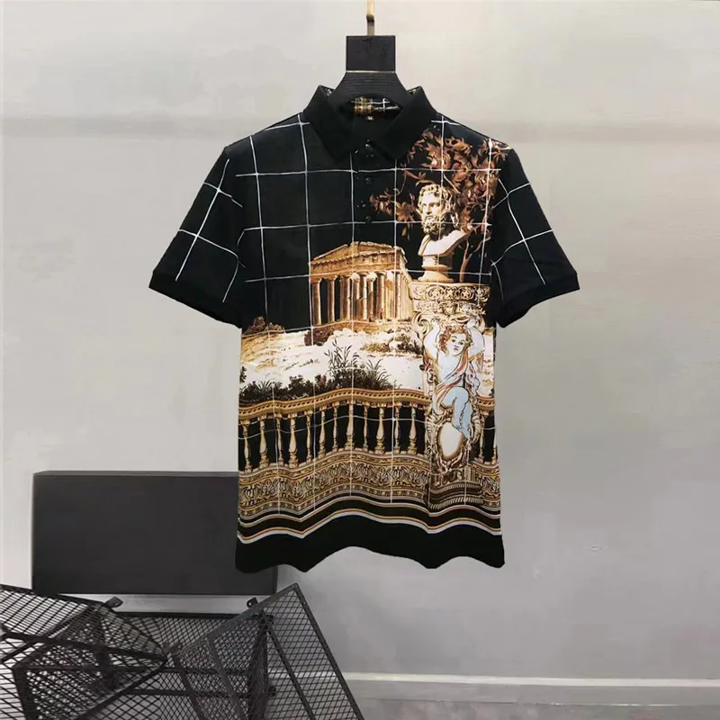 

Europe and the United States menswear summer new Short sleeve lapel Architectural figure printing Fashion T-shirt XXXL