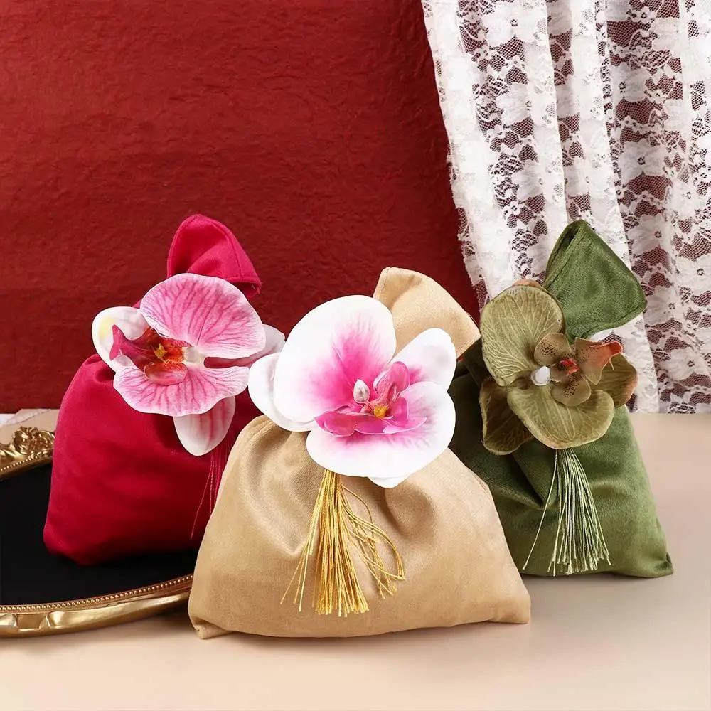 Bolso de mano con nudo de terciopelo con borlas, bolsa de mano pequeña con asa superior, gran capacidad, bolsa de muñeca con flores, bolsa de embalaje para joyas, bolsa de azúcar festiva