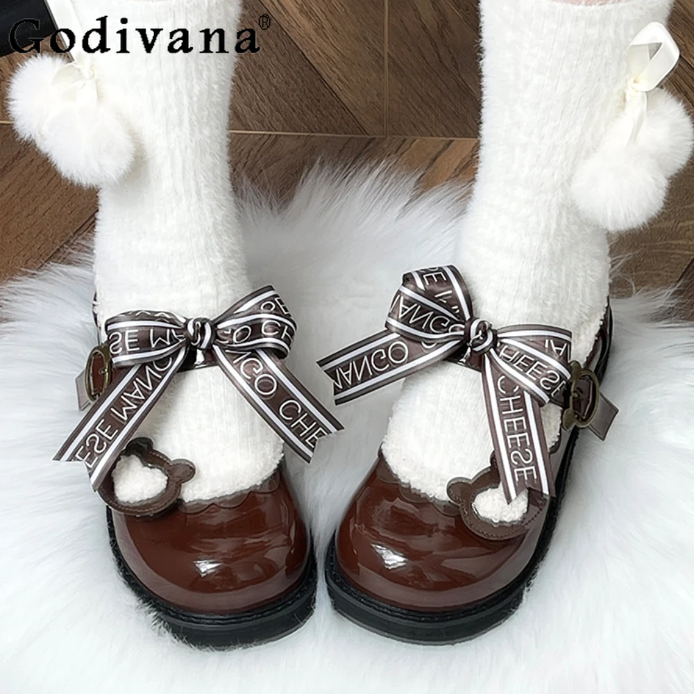 Autumn Winter Plush Leather Shoes Retro Cute Lolita Kawaii Platform Single Shoe Girls Heels