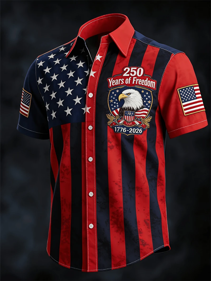 

America 250th Anniversary Short Sleeve Shirt For Men USA Flag Graphic Patriotic Shirt American Independence Day Button Shirts