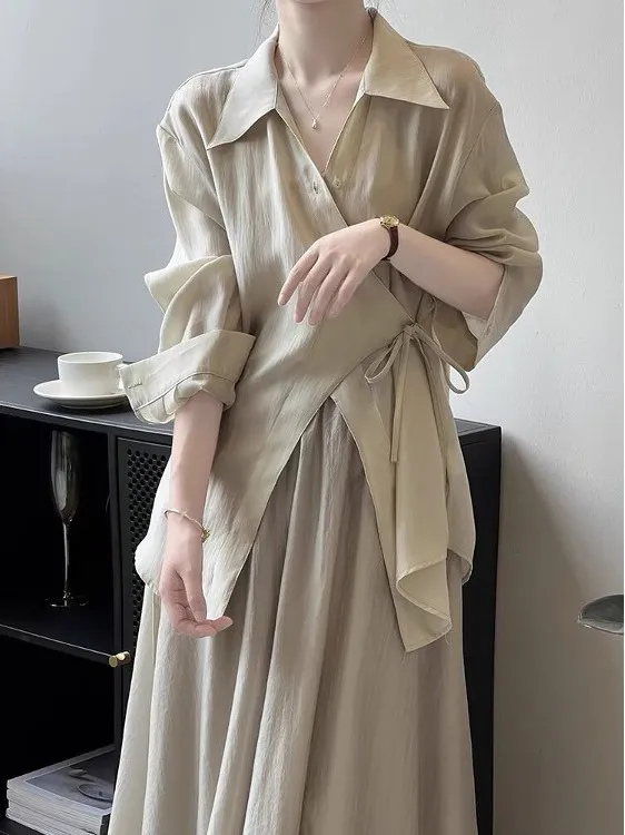 

New Chinese Sle Set Women's Spring Summer High Sense Pleated irt f Skirt Zen Meaning Two Piece Set Long Sve Co...