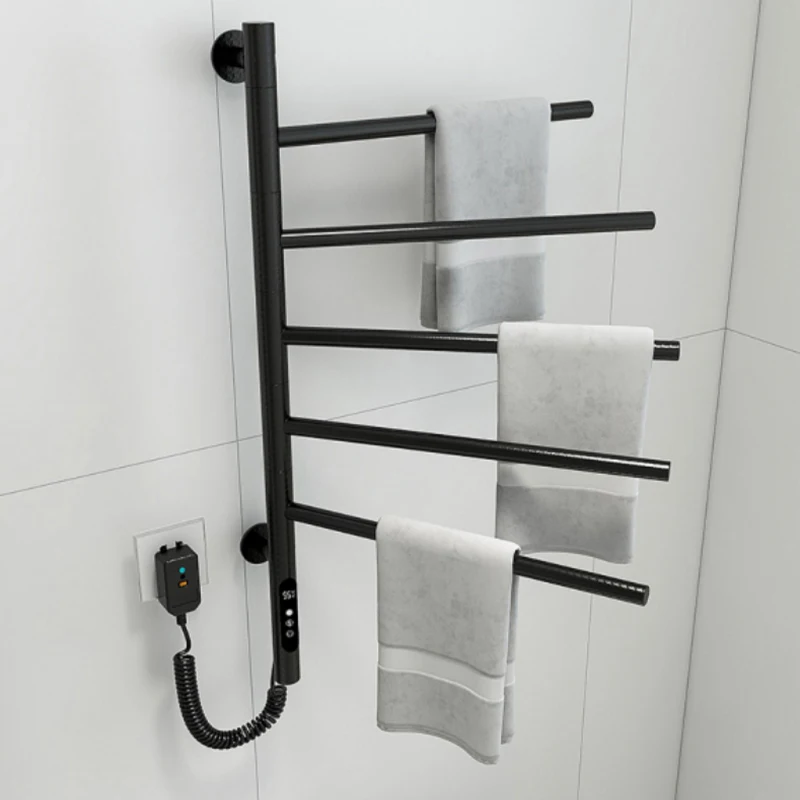 

Electric Heated Towel Rack Rotating Bathroom Wall Mounted Drying Rack Stainless Steel Towel Warmer 5 Bars Built-in Timer Plug-in