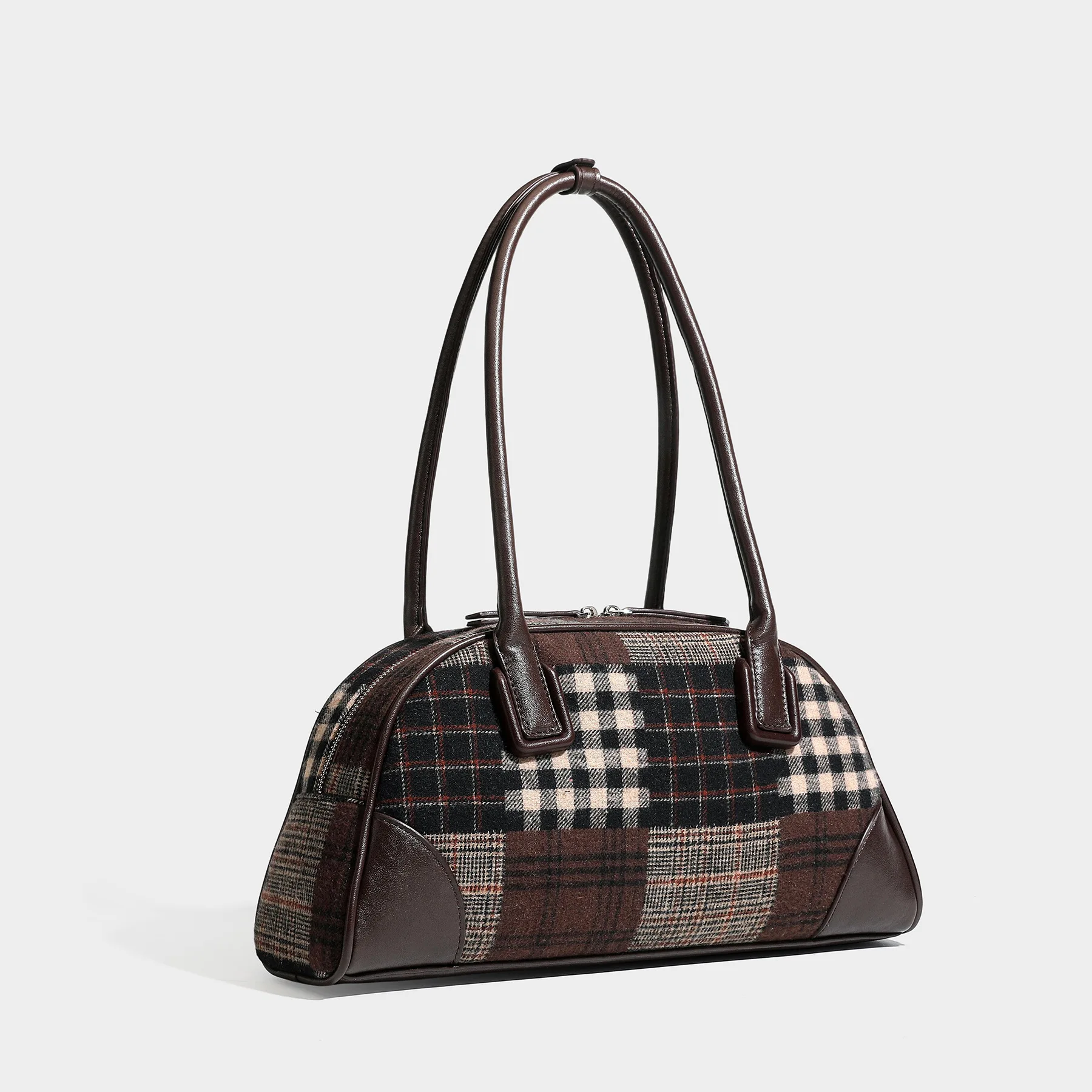 Vintage Plaid Underarm Bag Retro Fabric Shoulder Purse Checked Bowling Handbag Large Capacity Commute Tote for Women
