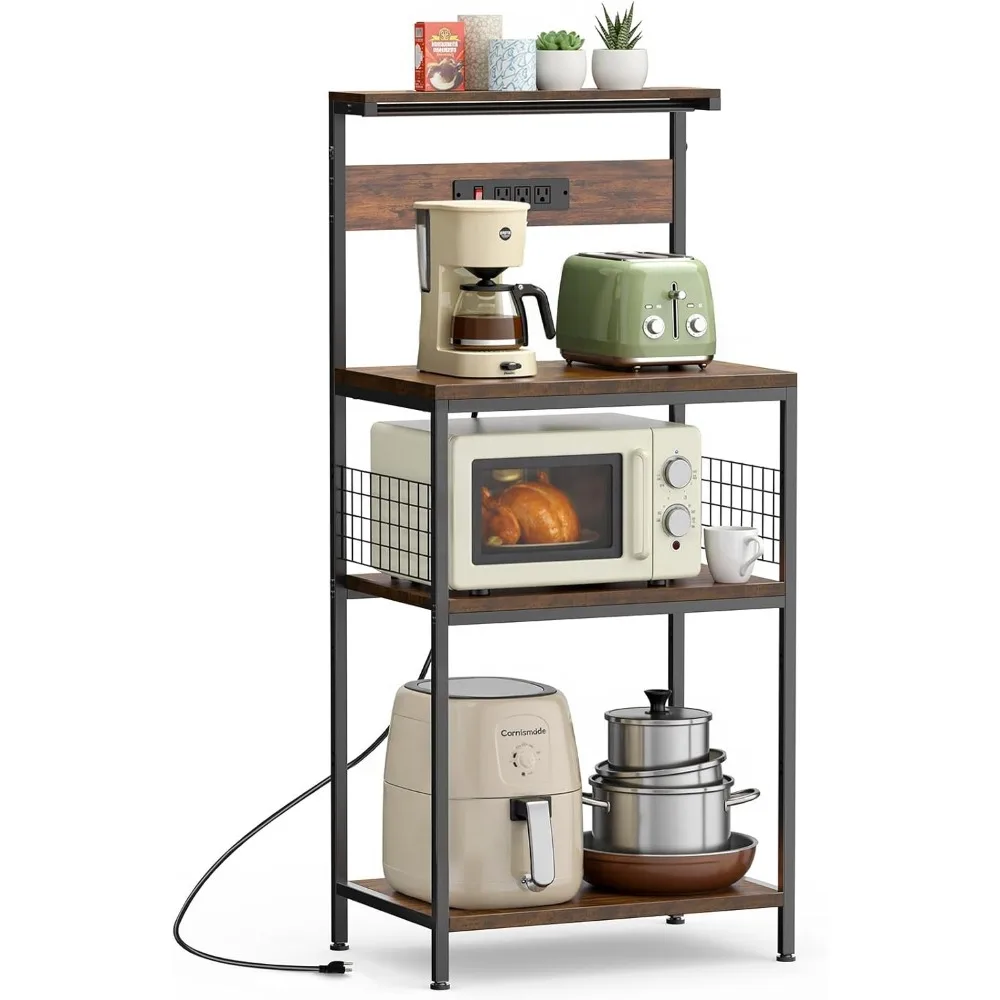 4-Tier Adjustable Kitchen Bakers Rack with Power Outlet, Microwave Stand, Rustic Brown Storage Shelf