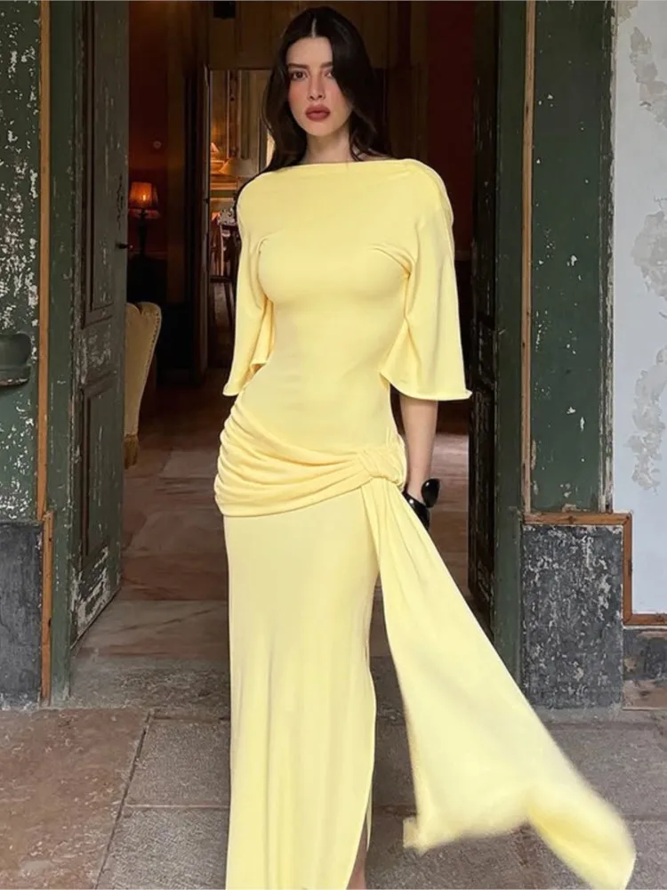 

Sexy Dress Vestido Dresses 2025 Woman Women's Clothing Backless Pleated Pendant Slim Solid Color Long Sleeves Banquet Party Prom