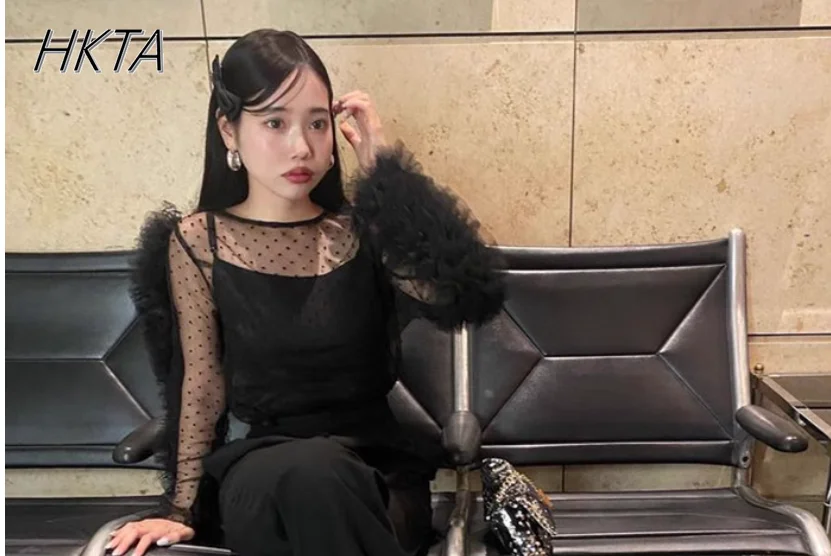 Kaus Pullover Jaring Polka Dot Tiga Dimensi Berlipat Tulle Manis Jepang Atasan Wanita Musim Panas Kemeja Lengan Panjang Leher Kru Baru