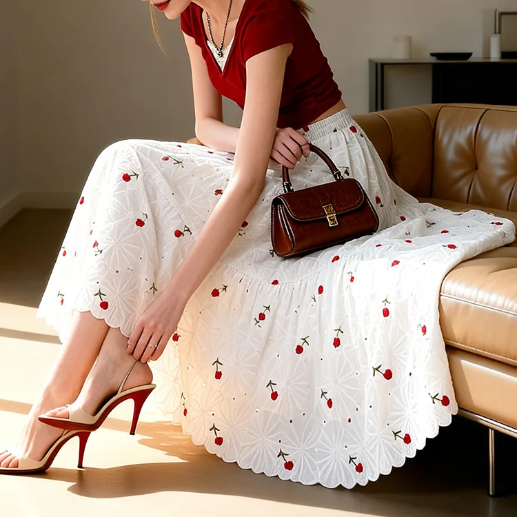 

Harajuku Sweet Embroidery Floral Red Chiffon A-line Skirt Women Spring Summer High Waist Casual Loose Art Preppy Midi Skirts