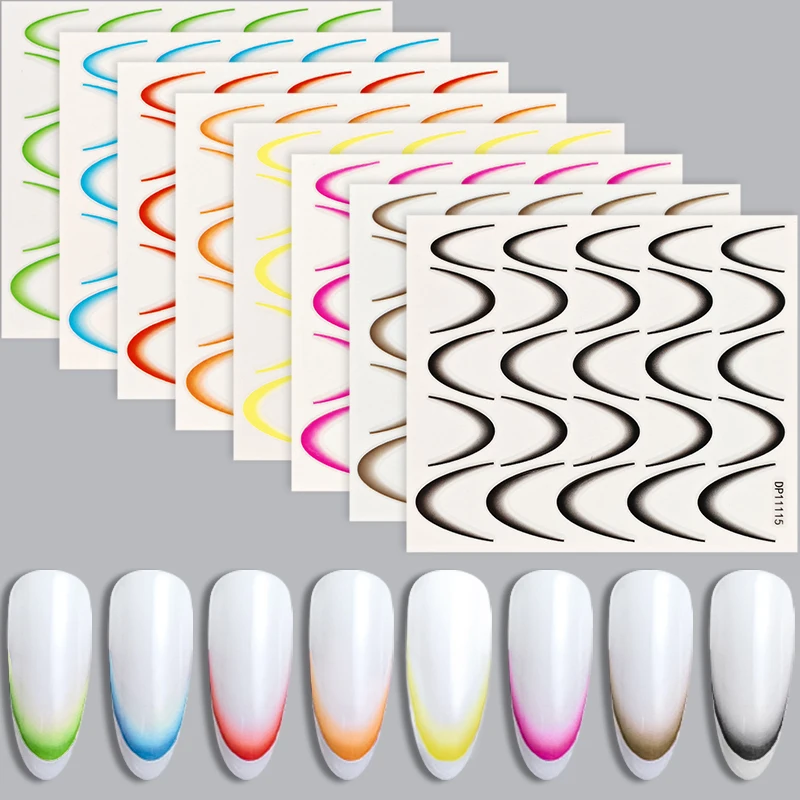 8pcs Gradient French Nail Art Stickers Ink Blooming Wave Line Water Transfer Sliders Decals DIY Ombre Manicure Decorations Foils