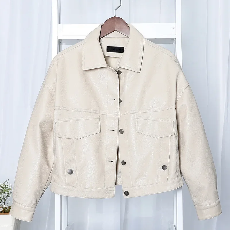 Leather Collar PU Leather Short Single Breasted Long Sleeved Slim Fit Jacket