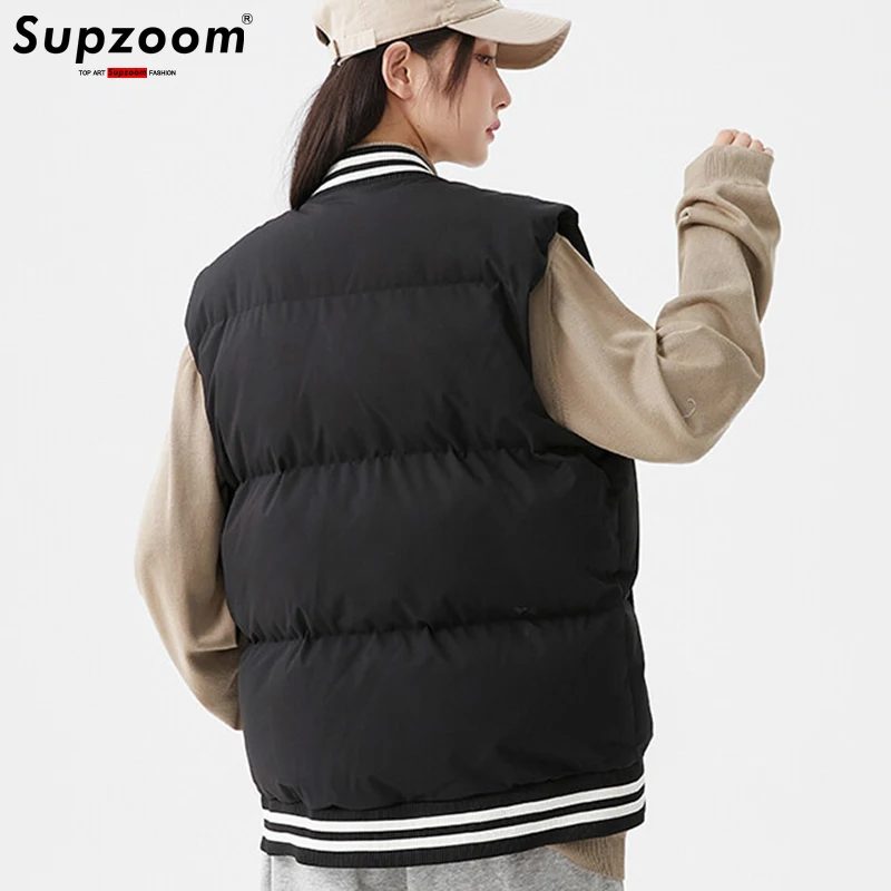 Supzoom-colete casual com gola de couro grande, colete de algodão grosso quente, top fashion, nova chegada, outono e inverno, 2023