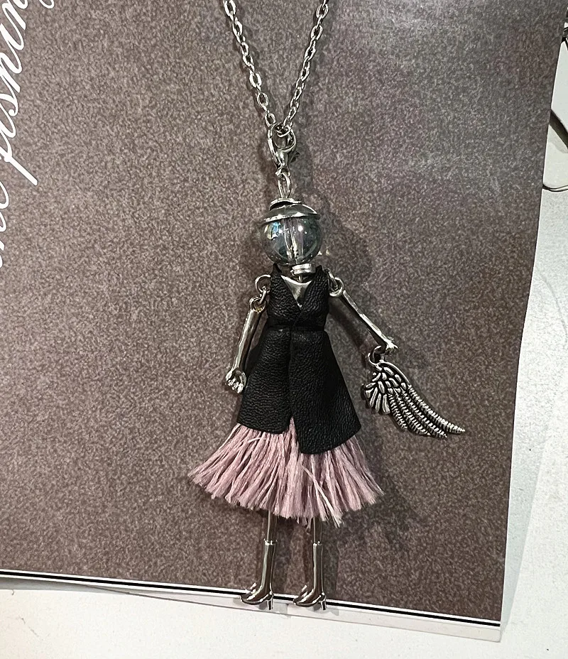 HOCOLE New Handmade Doll Necklace Feather Dress Long Chain Pendant Women Fashion Rhinestone Cute Girl Necklace Statement Jewelry