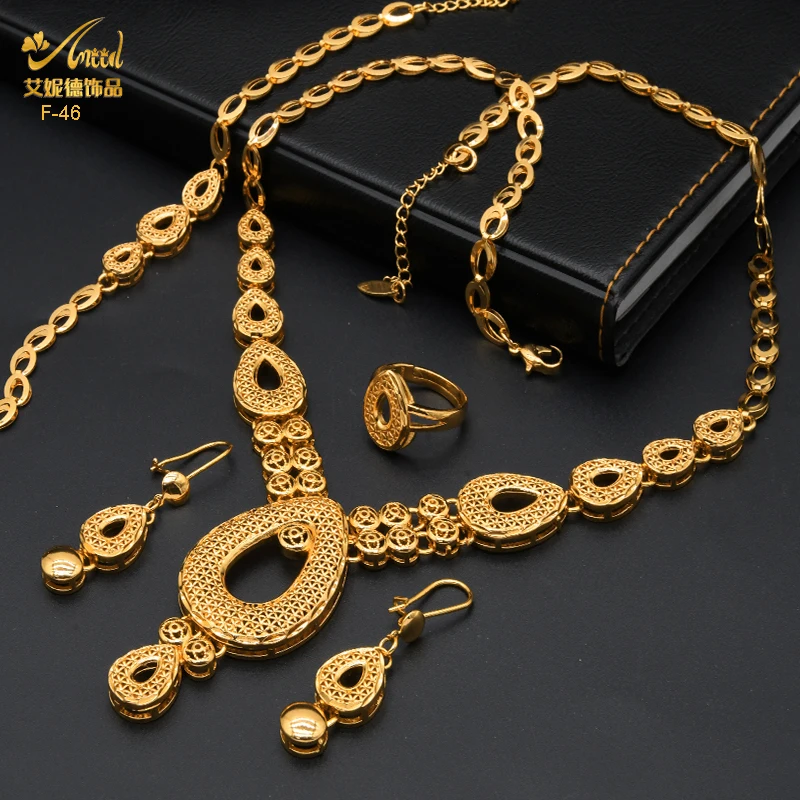 ANIID Luxury Indian Jewelry Set Quality Copper Dubai Gold Color Wedding Necklace And Earring Set Bridal Party Ethiopian Jewelry