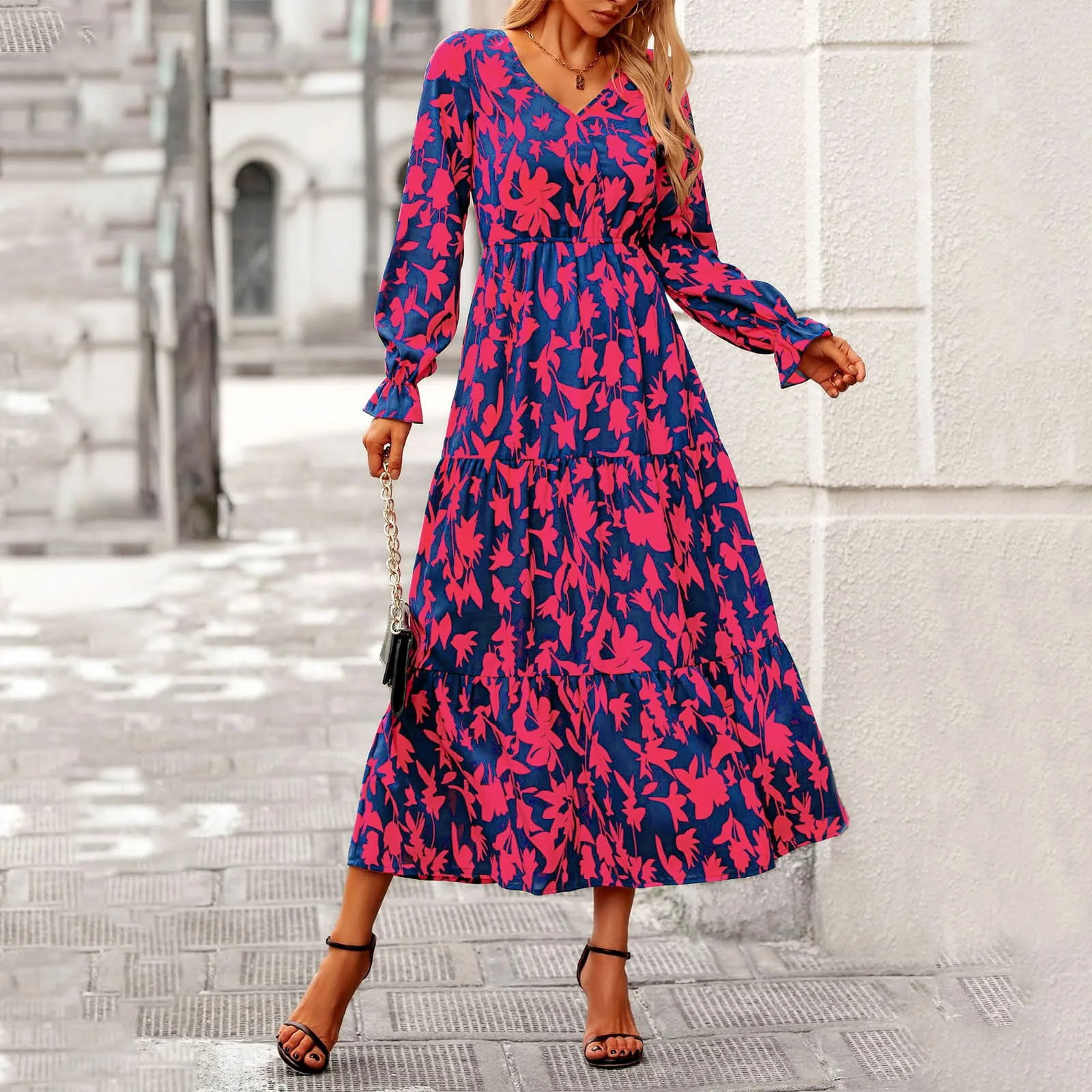 Women Autumn Summer Dresses Casual Long Sleeve V Neck Maxi Vestidos Floral Boho Long Dresses vestidos de fiestas elegantes mujer