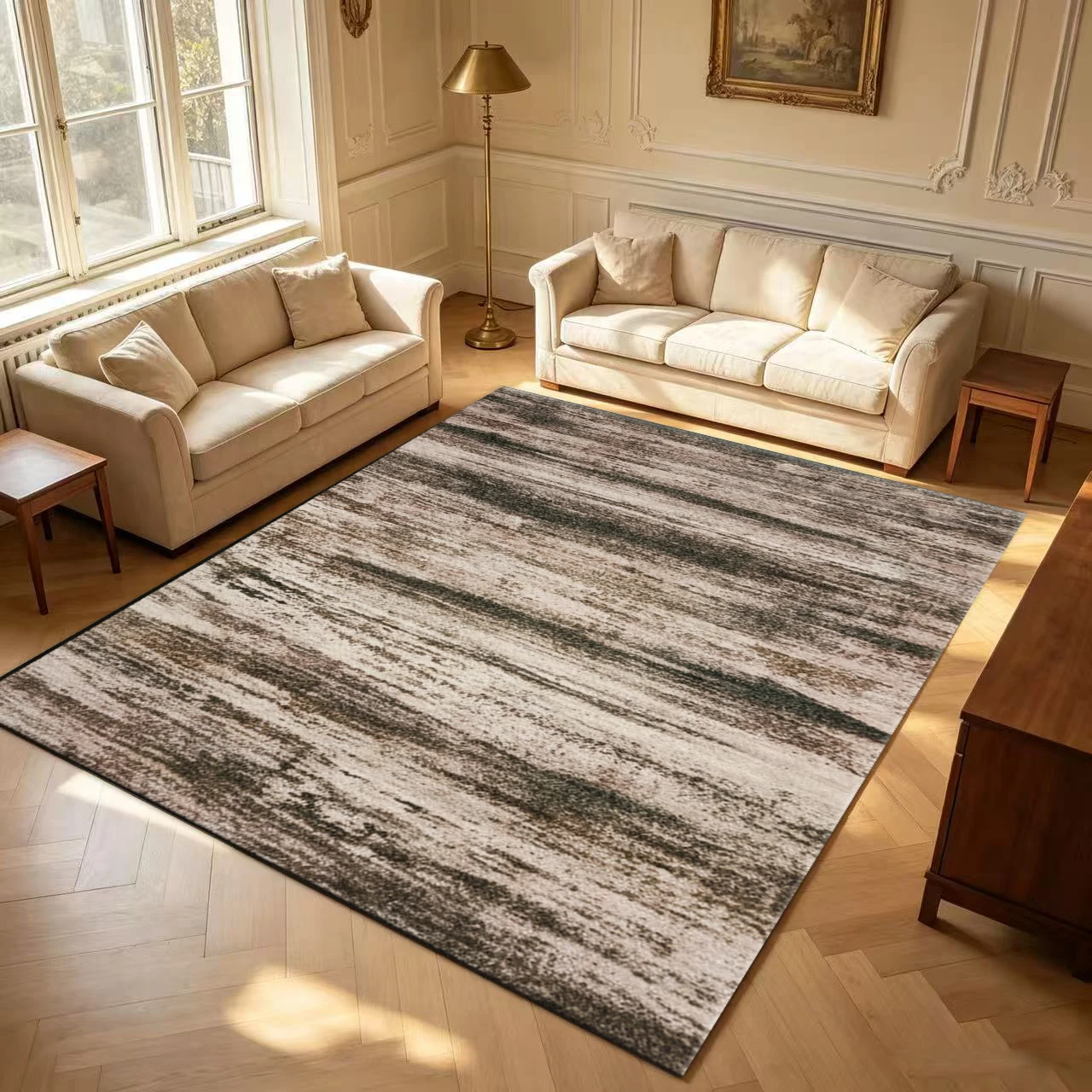 Dark Brown Vertical Brushed Texture Carpet Flooring Rustic Vintage Worn Large Area Rug for Household Interior Decoration