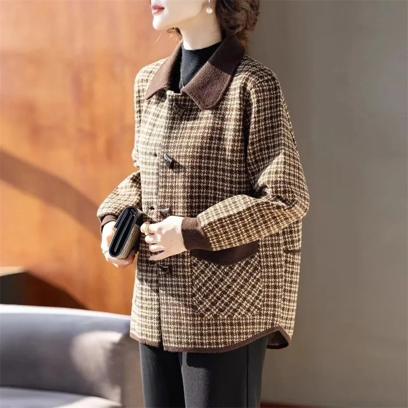 

2025 год, кардиган в сетку для матери среднего возраста, топы, пальто, осень-зима, женская свободная верхняя одежда с карманами, женская модная куртка с длинными рукавами в стиле ретро