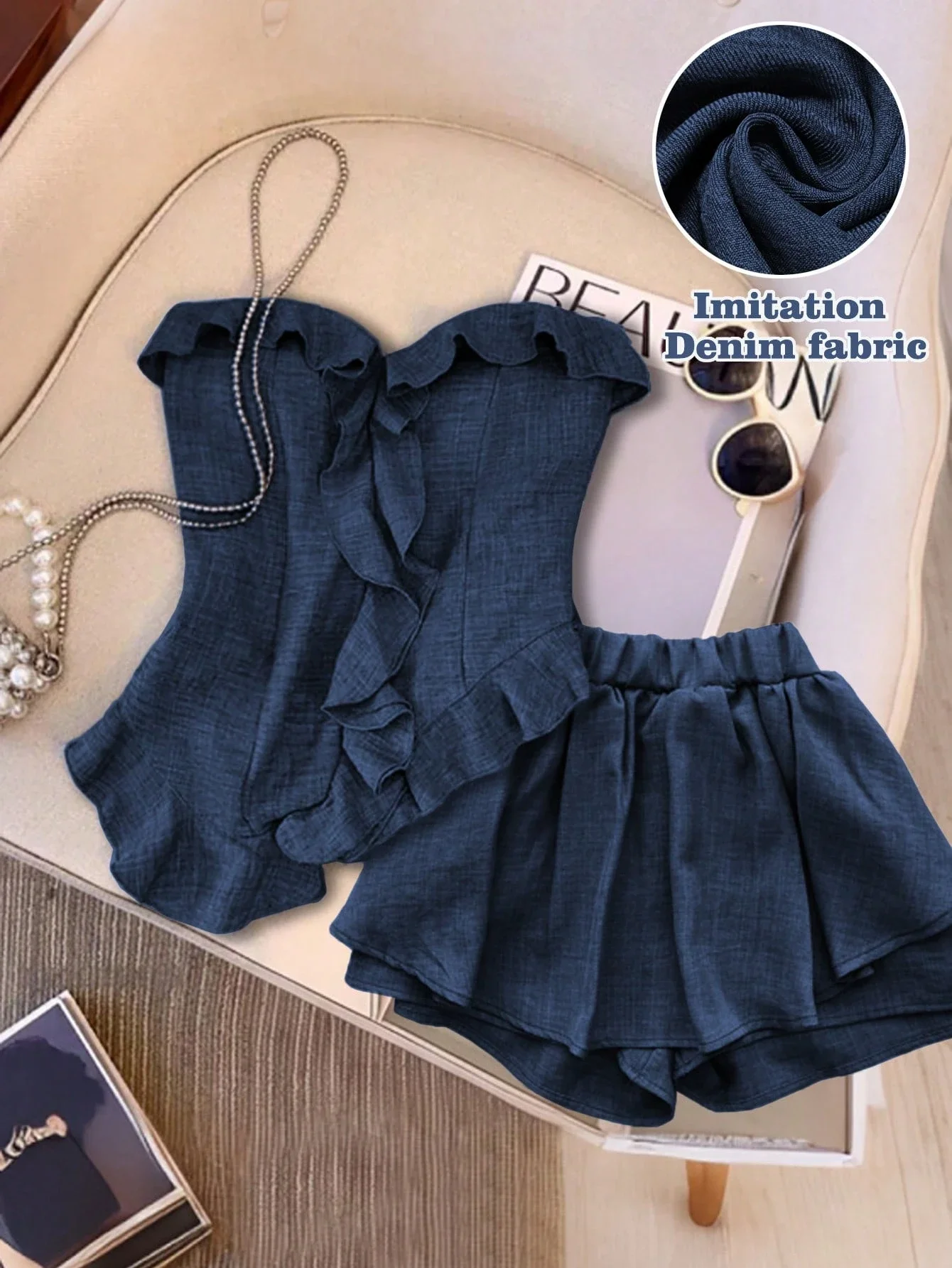 Women's Asymmetric Ruffle Hem Smocked Top And Shorts 2 Piece Set