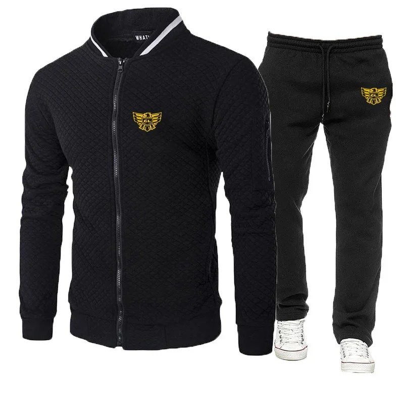 Goldwing GL1500 Spring And Autumn Men New Slim-fit Solid Color Zipper Stand Collar Hoodie +Pant Print Sportswear Suit