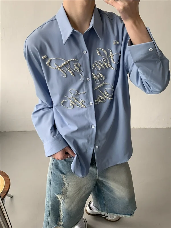 

New Lazy Style Long Sleeve Men's Shirt Casual Loose Pearl Letter Print Spring Fashion Outerwear Youth Cotton Button up
